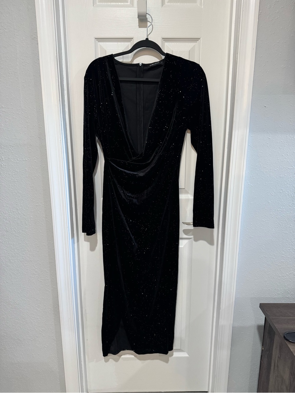 Black Sparkle Velvet Long-Sleeve Midi Dress with Draped V-Neck